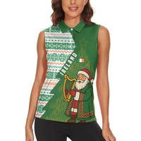 Ireland Christmas Women Sleeveless Polo Shirt with Celtic Harp Santa and Green Holiday Pattern - Wonder Print Shop