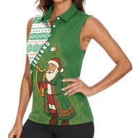 Ireland Christmas Women Sleeveless Polo Shirt with Celtic Harp Santa and Green Holiday Pattern - Wonder Print Shop