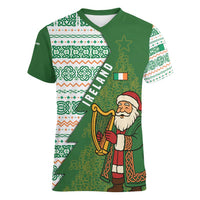 Ireland Christmas Women V-Neck T-Shirt with Celtic Harp Santa and Green Holiday Pattern - Wonder Print Shop