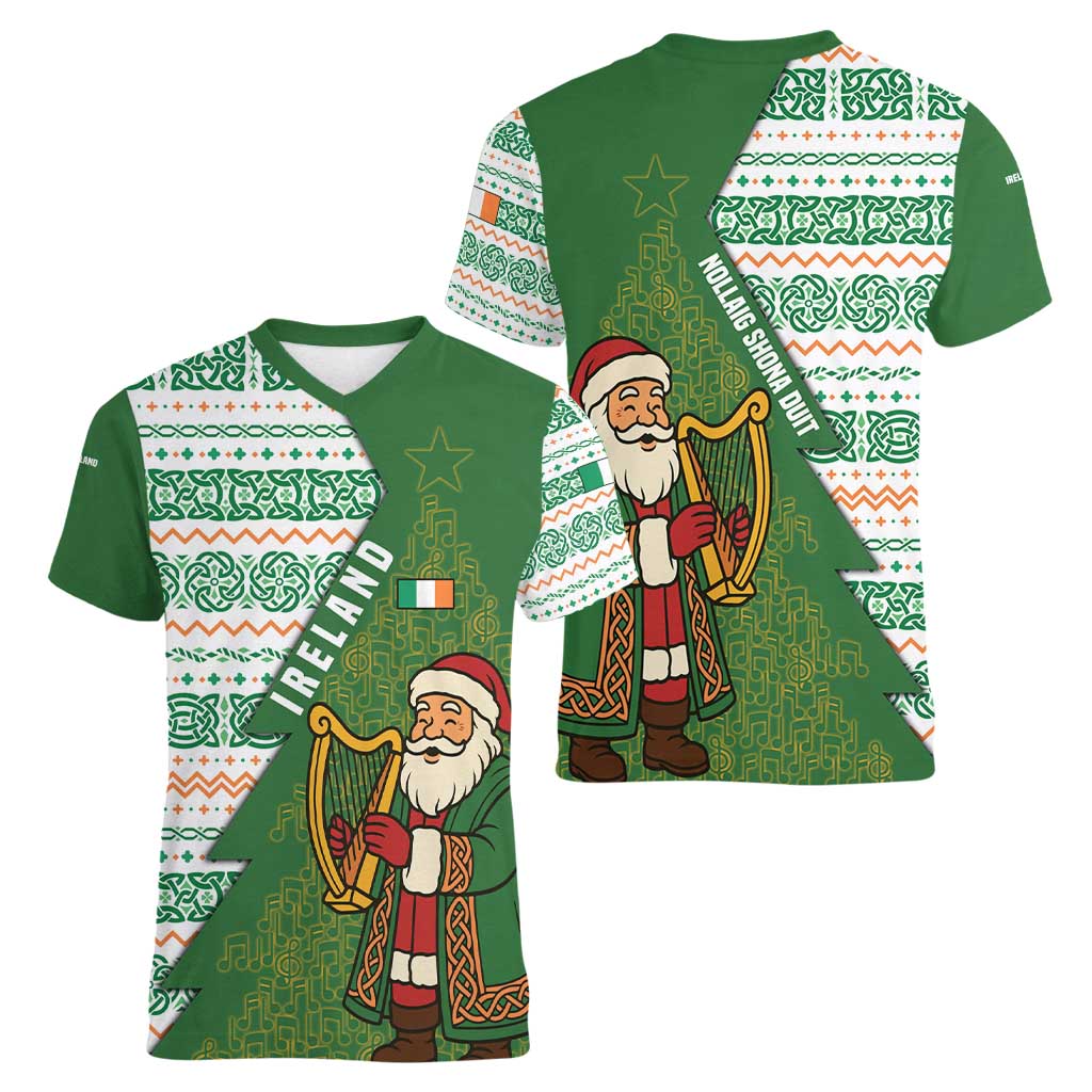 Ireland Christmas Women V-Neck T-Shirt with Celtic Harp Santa and Green Holiday Pattern - Wonder Print Shop