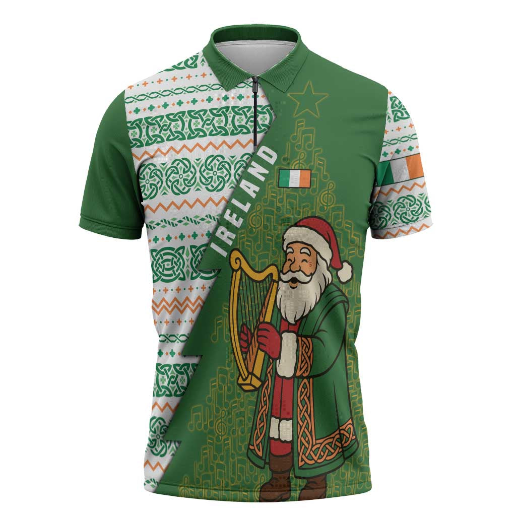 Ireland Christmas Zipper Polo Shirt with Celtic Harp Santa and Green Holiday Pattern - Wonder Print Shop