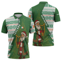 Ireland Christmas Zipper Polo Shirt with Celtic Harp Santa and Green Holiday Pattern - Wonder Print Shop