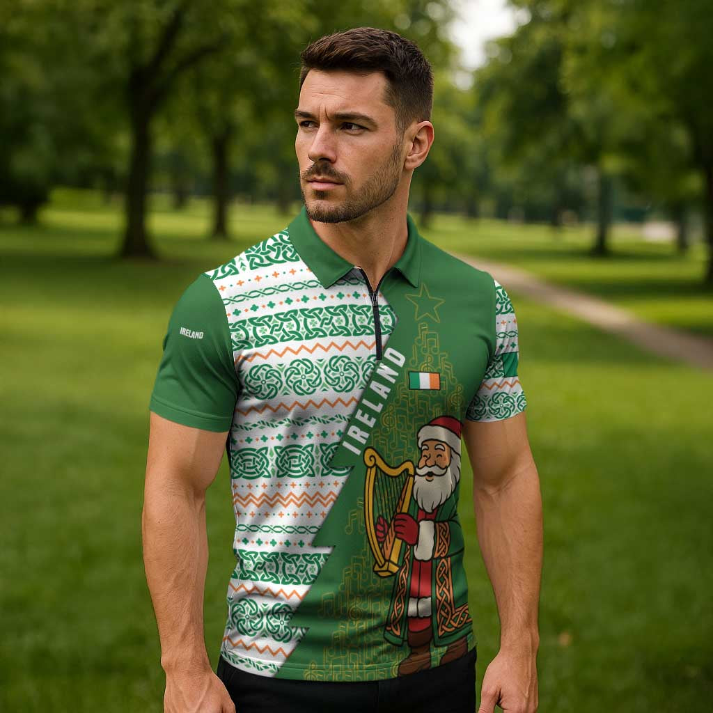 Ireland Christmas Zipper Polo Shirt with Celtic Harp Santa and Green Holiday Pattern - Wonder Print Shop