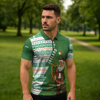 Ireland Christmas Zipper Polo Shirt with Celtic Harp Santa and Green Holiday Pattern - Wonder Print Shop