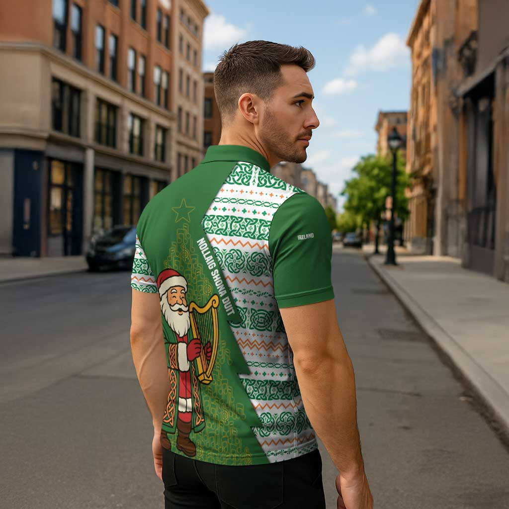 Ireland Christmas Zipper Polo Shirt with Celtic Harp Santa and Green Holiday Pattern - Wonder Print Shop