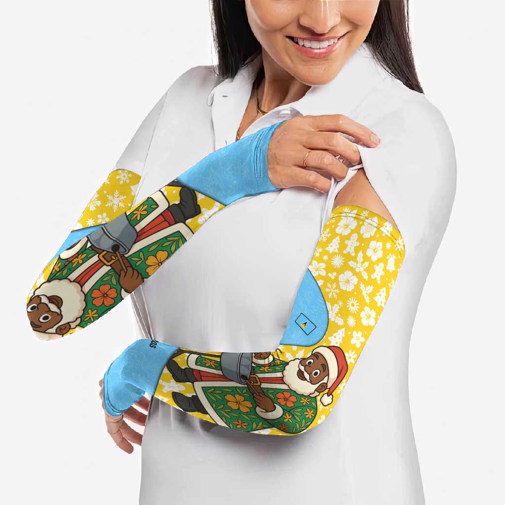 Saint Lucia Christmas Arm Sleeves with Steelpan Santa Floral Pattern and Flag - Wonder Print Shop