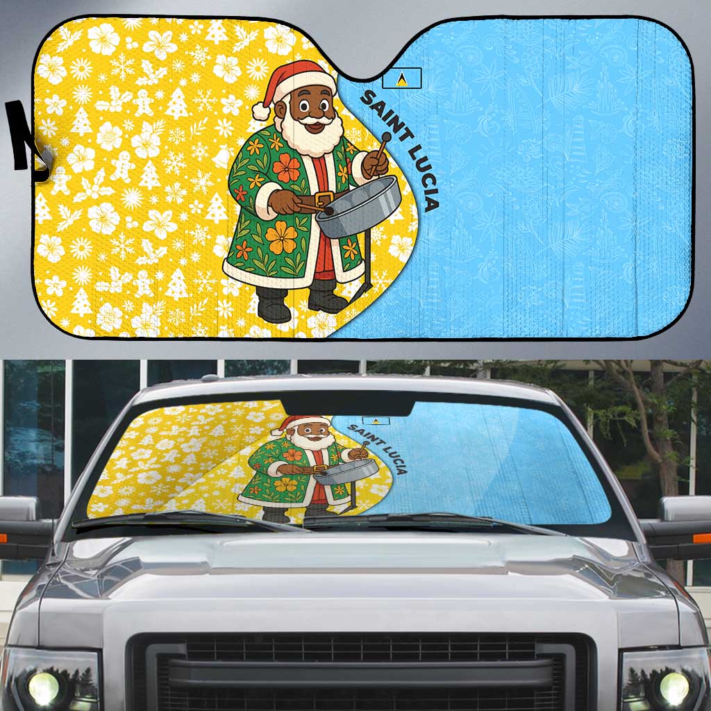 Saint Lucia Christmas Auto Sun Shade with Steelpan Santa Floral Pattern and Flag - Wonder Print Shop