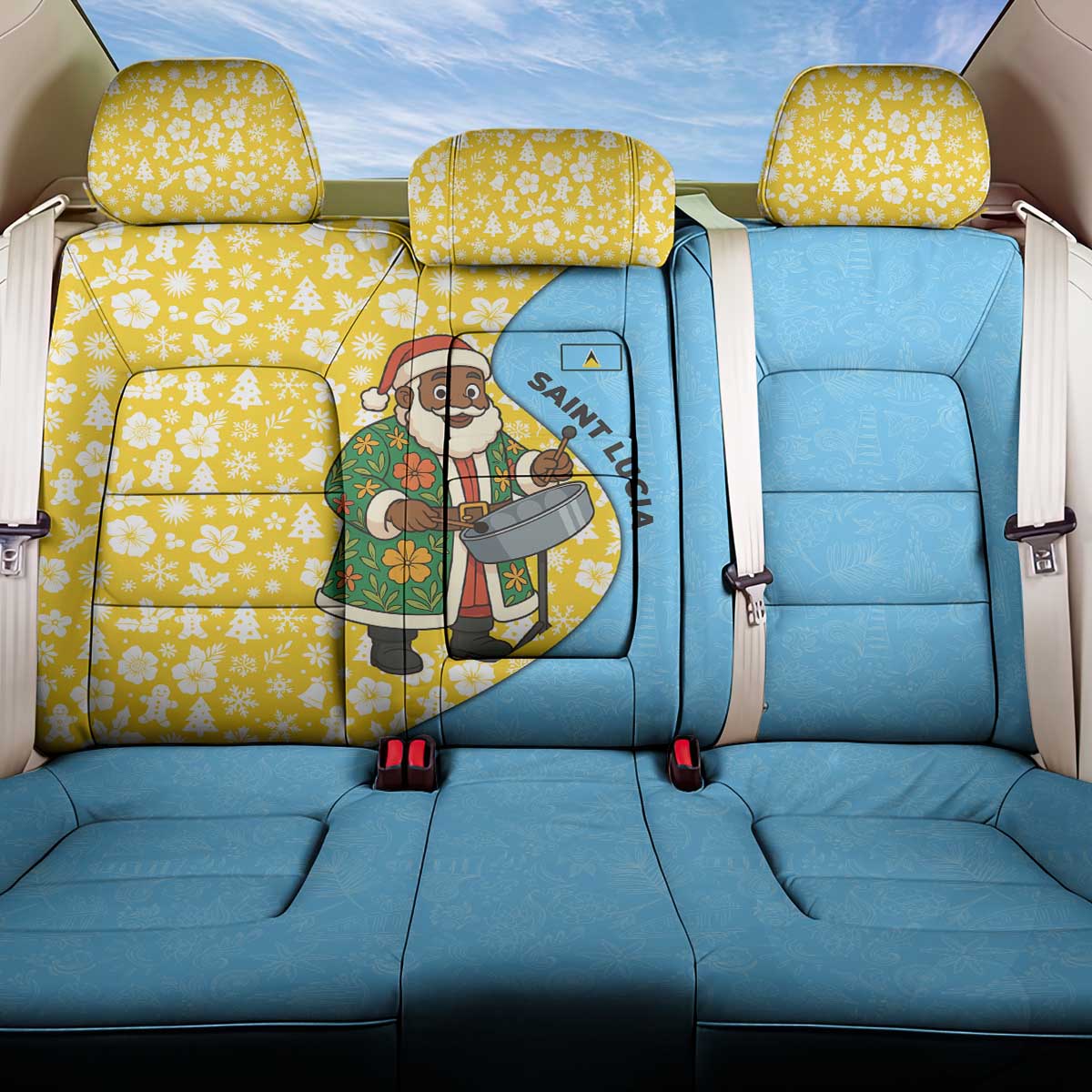 Saint Lucia Christmas Back Car Seat Cover with Steelpan Santa Floral Pattern and Flag - Wonder Print Shop