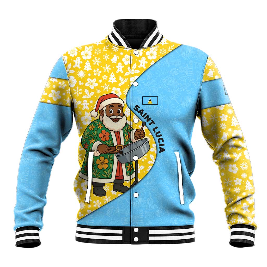 Saint Lucia Christmas Baseball Jacket with Steelpan Santa Floral Pattern and Flag - Wonder Print Shop