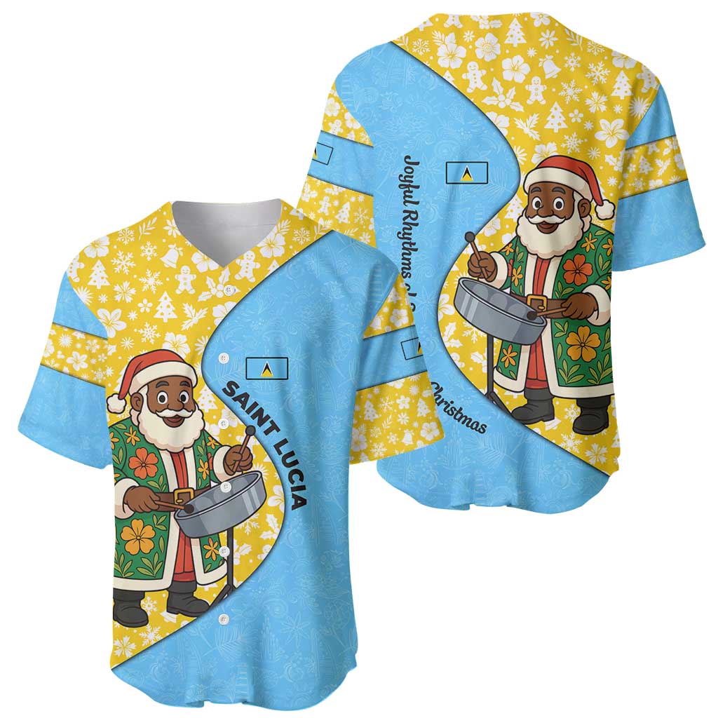 Saint Lucia Christmas Baseball Jersey with Steelpan Santa Floral Pattern and Flag - Wonder Print Shop