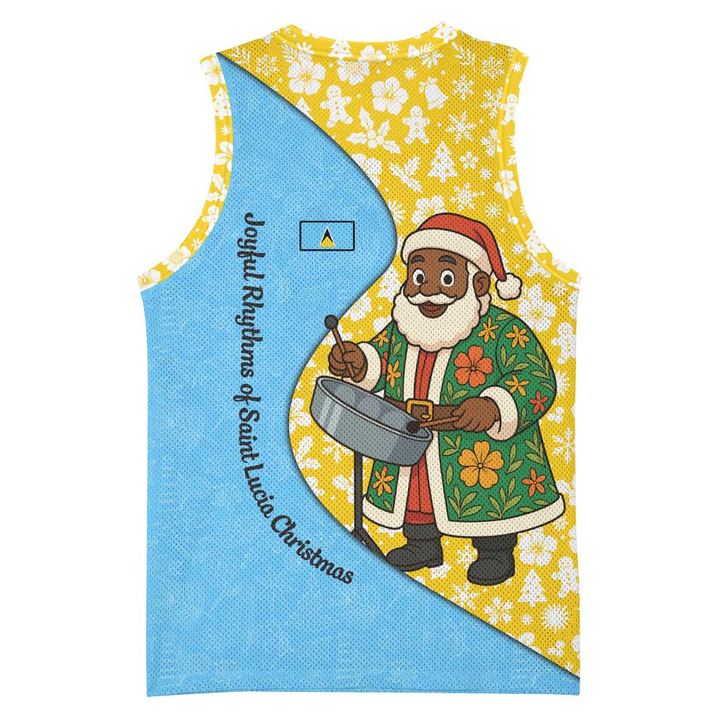 Saint Lucia Christmas Basketball Jersey with Steelpan Santa Floral Pattern and Flag - Wonder Print Shop