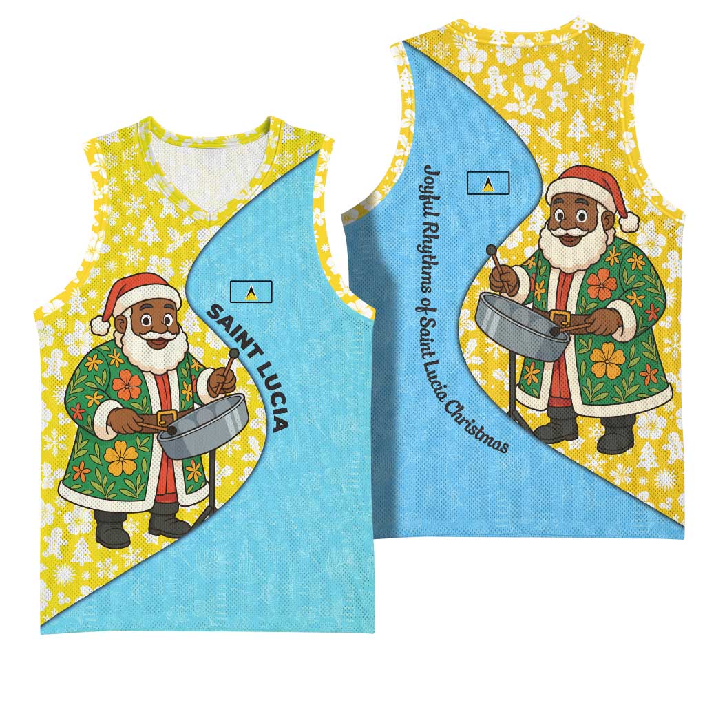 Saint Lucia Christmas Basketball Jersey with Steelpan Santa Floral Pattern and Flag - Wonder Print Shop
