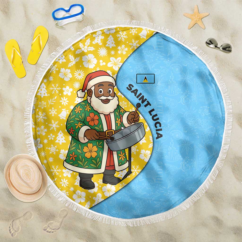 Saint Lucia Christmas Beach Blanket with Steelpan Santa Floral Pattern and Flag - Wonder Print Shop