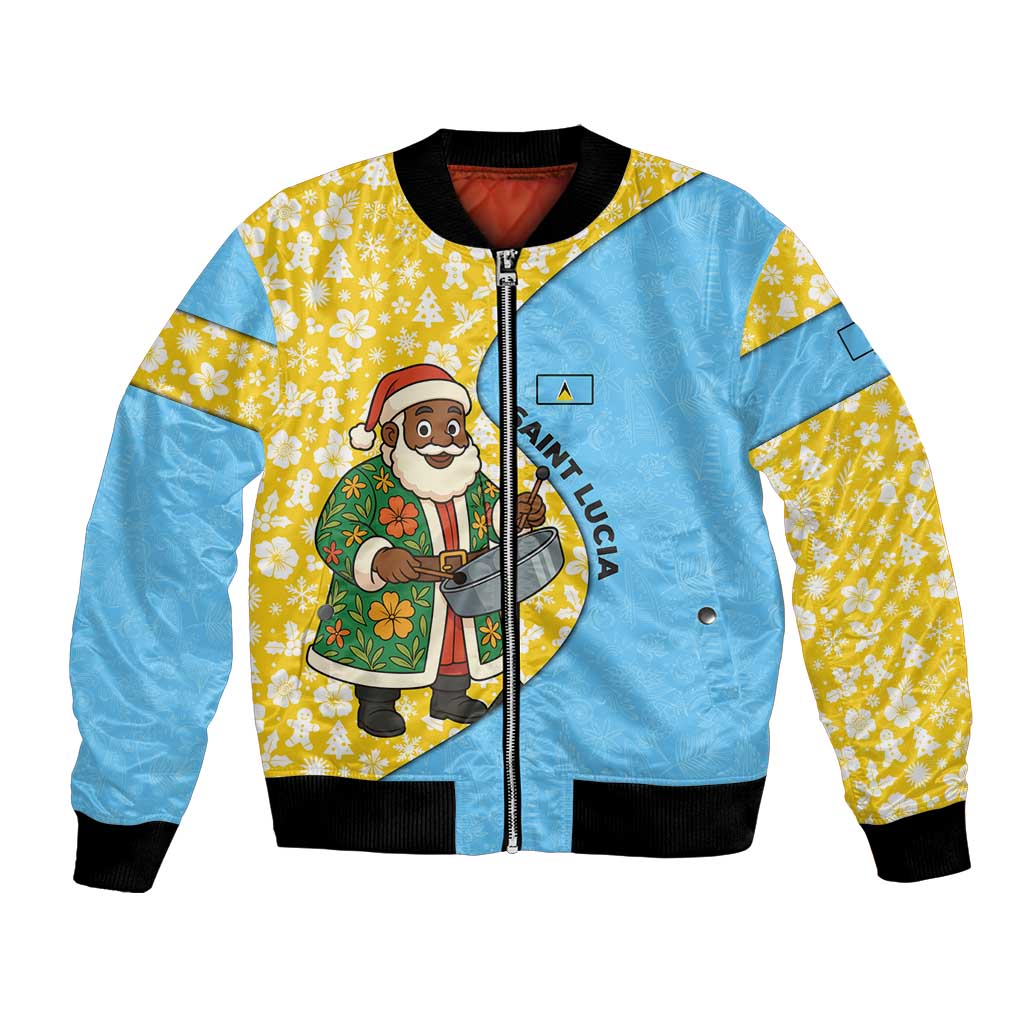Saint Lucia Christmas Bomber Jacket with Steelpan Santa Floral Pattern and Flag - Wonder Print Shop