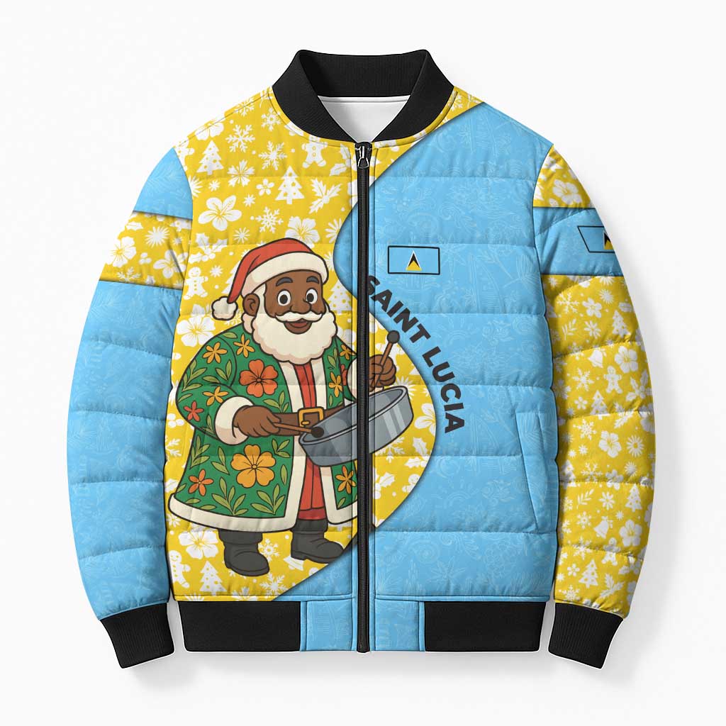 Saint Lucia Christmas Bomber Puffer Jacket with Steelpan Santa Floral Pattern and Flag - Wonder Print Shop