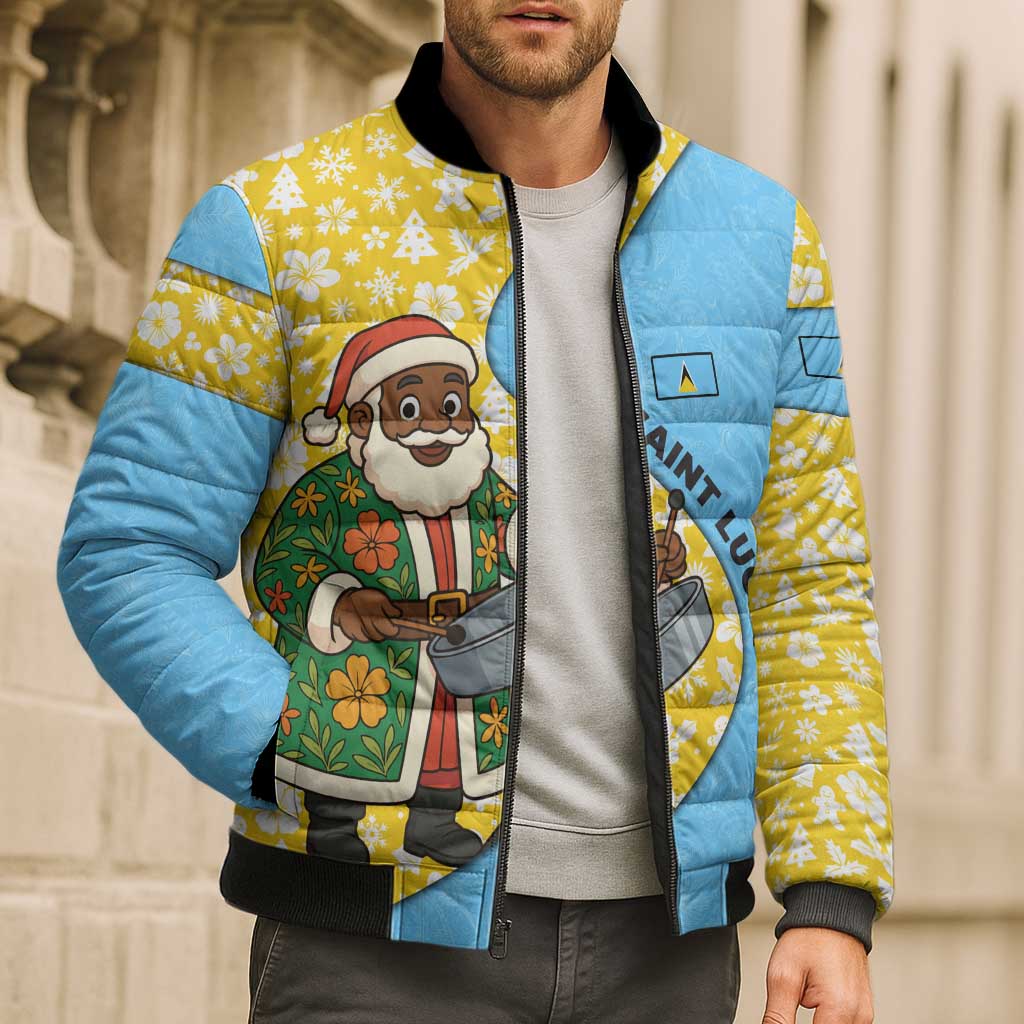 Saint Lucia Christmas Bomber Puffer Jacket with Steelpan Santa Floral Pattern and Flag - Wonder Print Shop