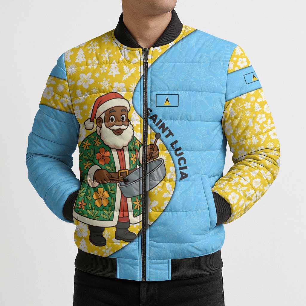 Saint Lucia Christmas Bomber Puffer Jacket with Steelpan Santa Floral Pattern and Flag - Wonder Print Shop