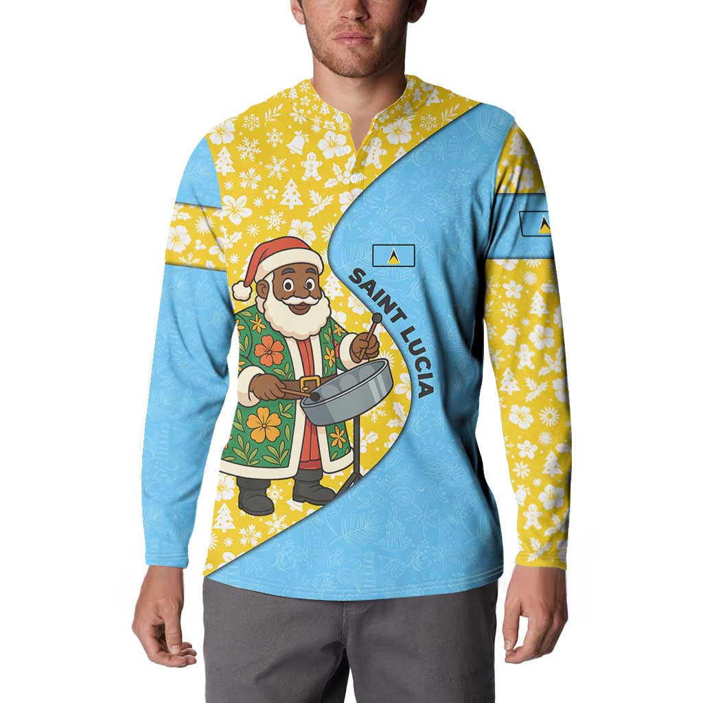 Saint Lucia Christmas Button Sweatshirt with Steelpan Santa Floral Pattern and Flag - Wonder Print Shop