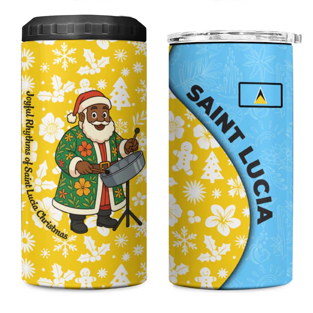 Saint Lucia Christmas 4 in 1 Can Cooler Tumbler with Steelpan Santa Floral Pattern and Flag - Wonder Print Shop
