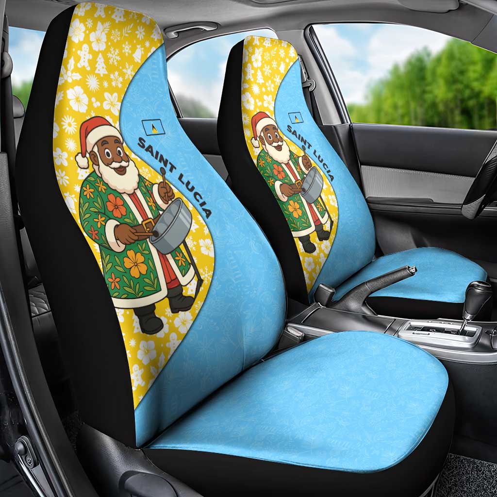 Saint Lucia Christmas Car Seat Cover with Steelpan Santa Floral Pattern and Flag - Wonder Print Shop