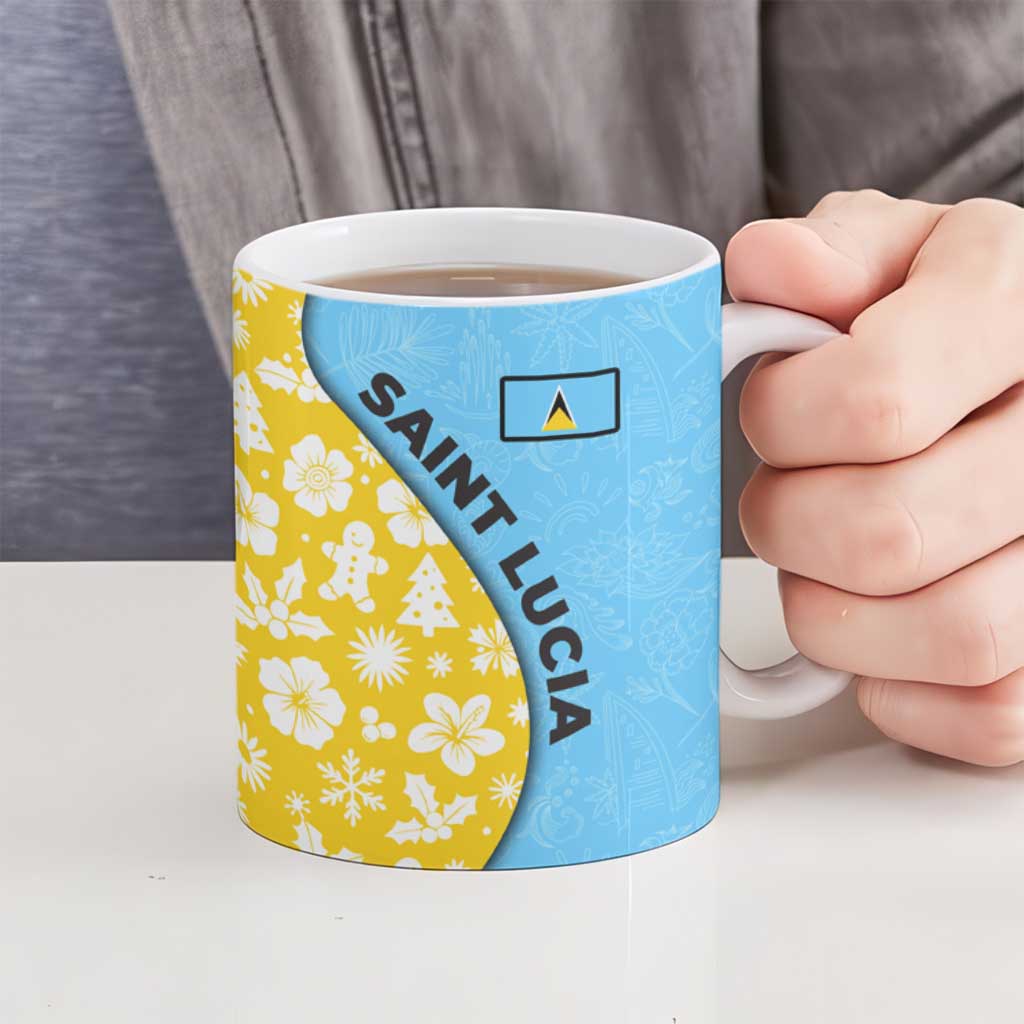 Saint Lucia Christmas Ceramic Mug with Steelpan Santa Floral Pattern and Flag - Wonder Print Shop