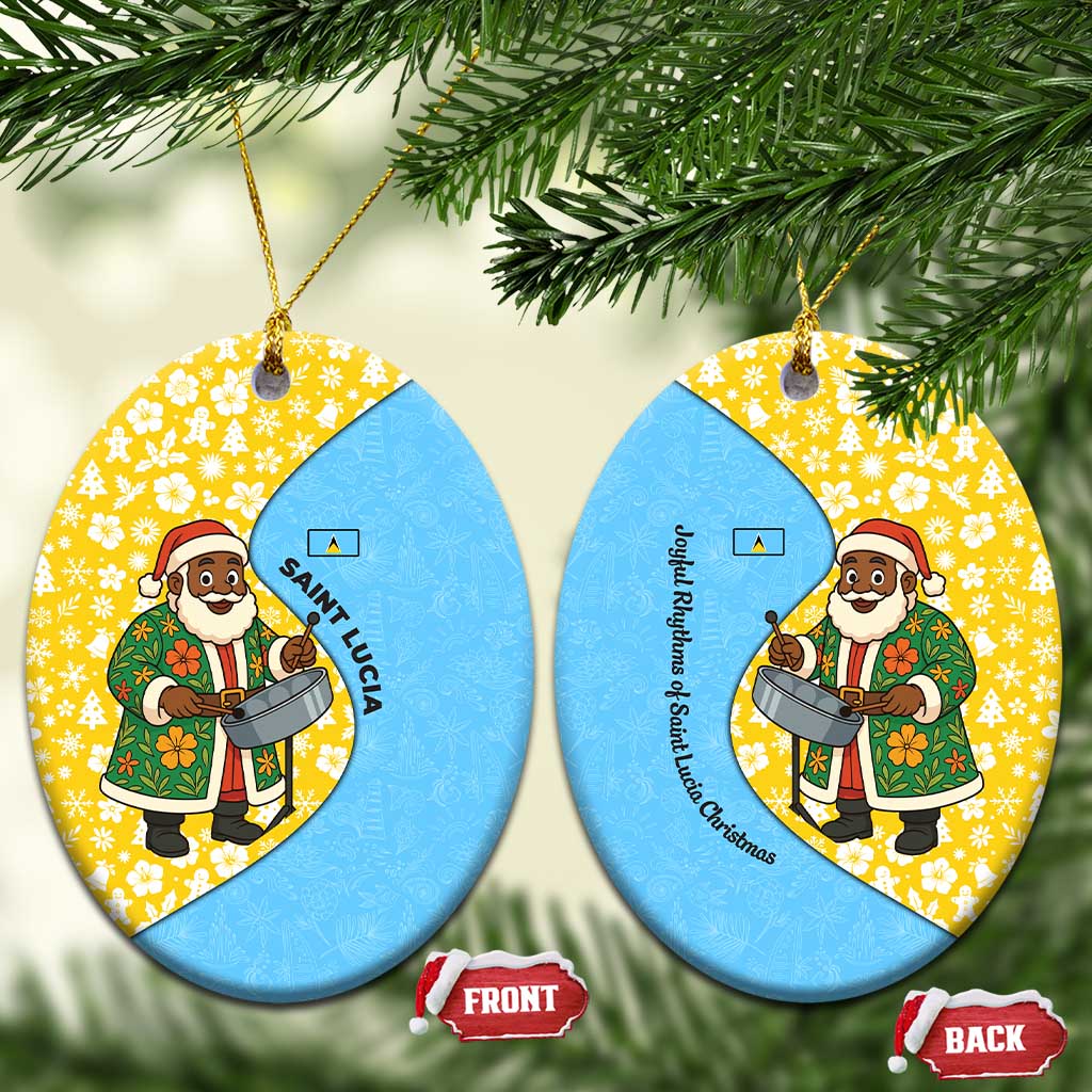 Saint Lucia Christmas Ceramic Ornament with Steelpan Santa Floral Pattern and Flag - Wonder Print Shop