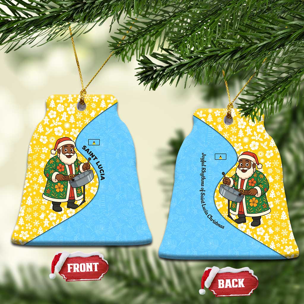 Saint Lucia Christmas Ceramic Ornament with Steelpan Santa Floral Pattern and Flag - Wonder Print Shop