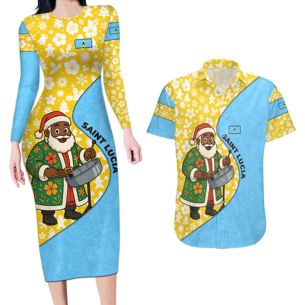 Saint Lucia Christmas Couples Matching Long Sleeve Bodycon Dress and Hawaiian Shirt with Steelpan Santa Floral Pattern and Flag - Wonder Print Shop