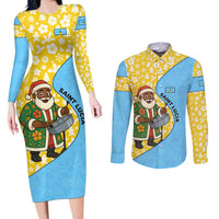 Saint Lucia Christmas Couples Matching Long Sleeve Bodycon Dress and Long Sleeve Button Shirt with Steelpan Santa Floral Pattern and Flag - Wonder Print Shop
