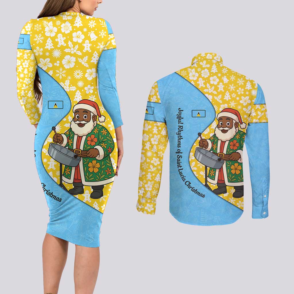 Saint Lucia Christmas Couples Matching Long Sleeve Bodycon Dress and Long Sleeve Button Shirt with Steelpan Santa Floral Pattern and Flag - Wonder Print Shop