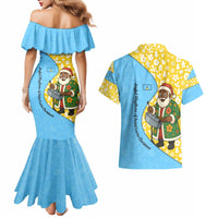 Saint Lucia Christmas Couples Matching Mermaid Dress and Hawaiian Shirt with Steelpan Santa Floral Pattern and Flag - Wonder Print Shop