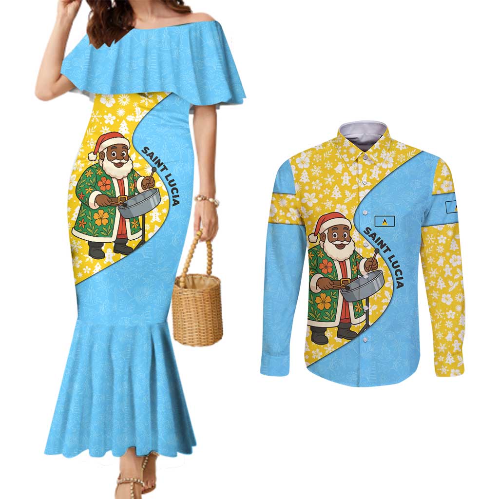Saint Lucia Christmas Couples Matching Mermaid Dress and Long Sleeve Button Shirt with Steelpan Santa Floral Pattern and Flag - Wonder Print Shop
