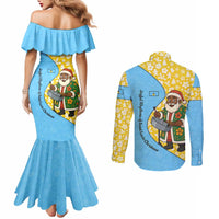 Saint Lucia Christmas Couples Matching Mermaid Dress and Long Sleeve Button Shirt with Steelpan Santa Floral Pattern and Flag - Wonder Print Shop