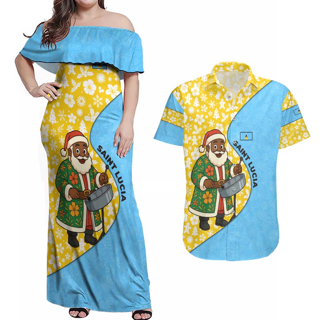 Saint Lucia Christmas Couples Matching Off Shoulder Maxi Dress and Hawaiian Shirt with Steelpan Santa Floral Pattern and Flag - Wonder Print Shop