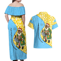 Saint Lucia Christmas Couples Matching Off Shoulder Maxi Dress and Hawaiian Shirt with Steelpan Santa Floral Pattern and Flag - Wonder Print Shop