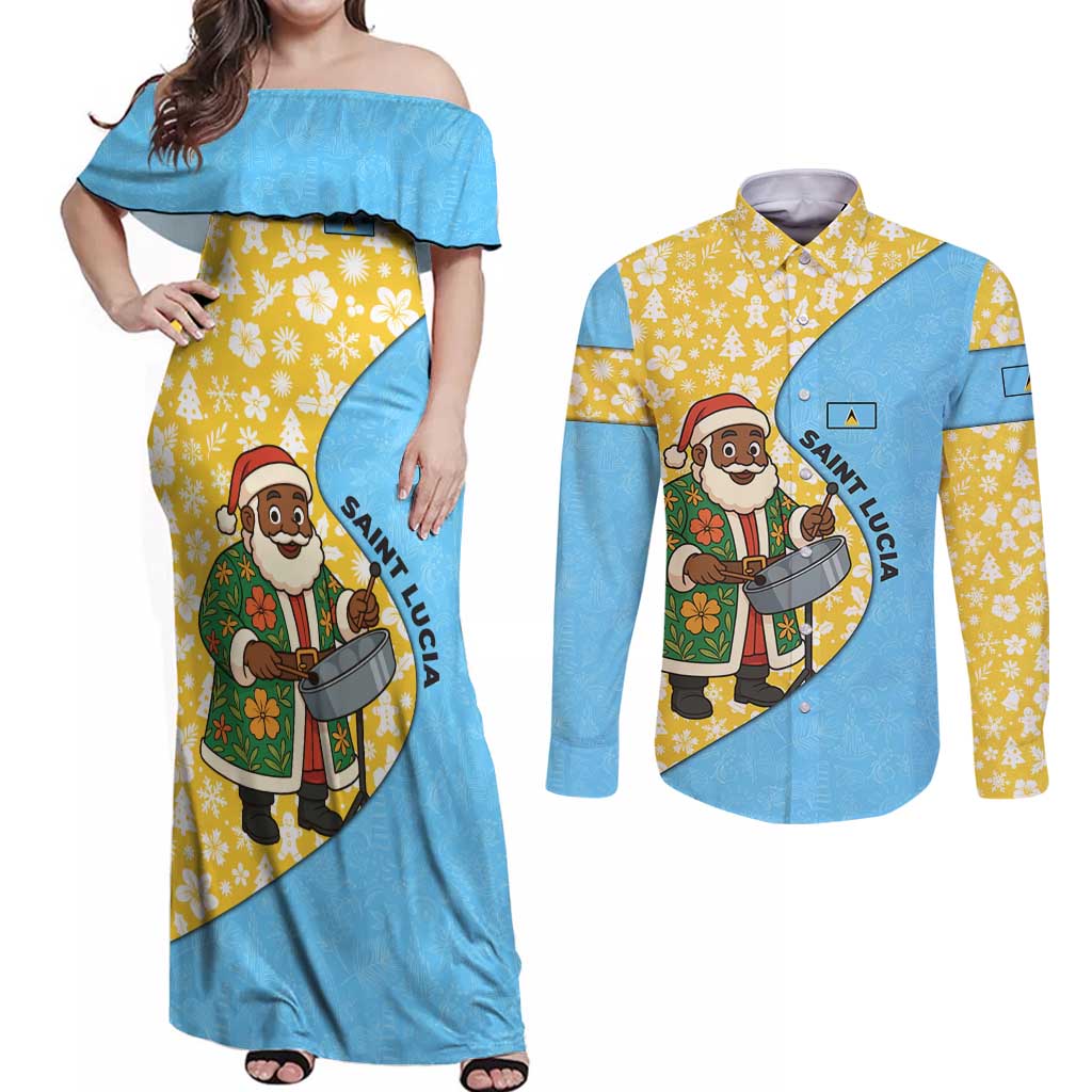 Saint Lucia Christmas Couples Matching Off Shoulder Maxi Dress and Long Sleeve Button Shirt with Steelpan Santa Floral Pattern and Flag - Wonder Print Shop