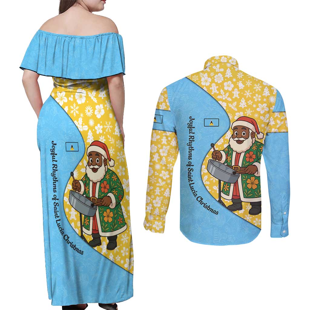 Saint Lucia Christmas Couples Matching Off Shoulder Maxi Dress and Long Sleeve Button Shirt with Steelpan Santa Floral Pattern and Flag - Wonder Print Shop