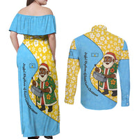 Saint Lucia Christmas Couples Matching Off Shoulder Maxi Dress and Long Sleeve Button Shirt with Steelpan Santa Floral Pattern and Flag - Wonder Print Shop
