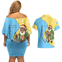 Saint Lucia Christmas Couples Matching Off Shoulder Short Dress and Hawaiian Shirt with Steelpan Santa Floral Pattern and Flag - Wonder Print Shop
