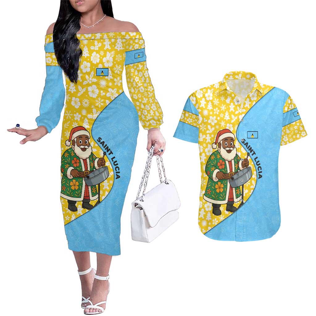 Saint Lucia Christmas Couples Matching Off The Shoulder Long Sleeve Dress and Hawaiian Shirt with Steelpan Santa Floral Pattern and Flag - Wonder Print Shop