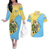 Saint Lucia Christmas Couples Matching Off The Shoulder Long Sleeve Dress and Hawaiian Shirt with Steelpan Santa Floral Pattern and Flag - Wonder Print Shop