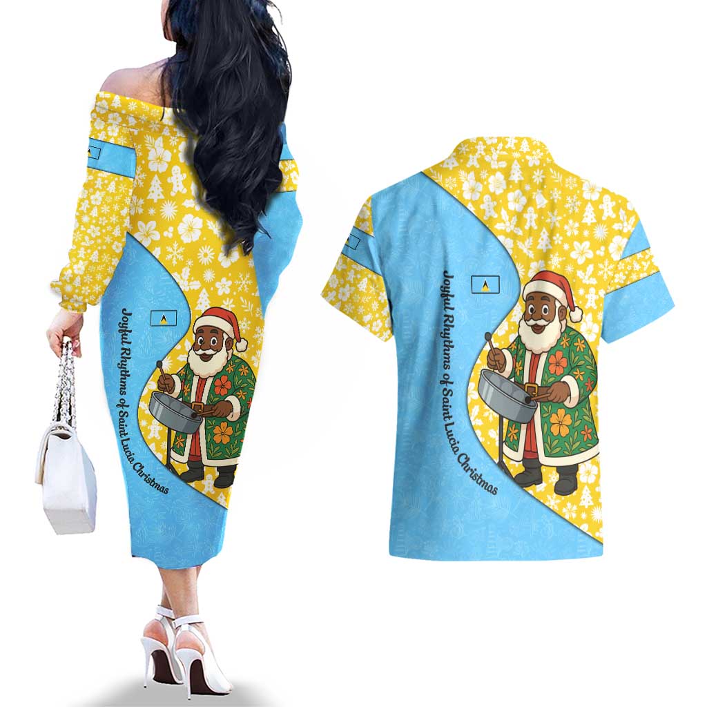 Saint Lucia Christmas Couples Matching Off The Shoulder Long Sleeve Dress and Hawaiian Shirt with Steelpan Santa Floral Pattern and Flag - Wonder Print Shop