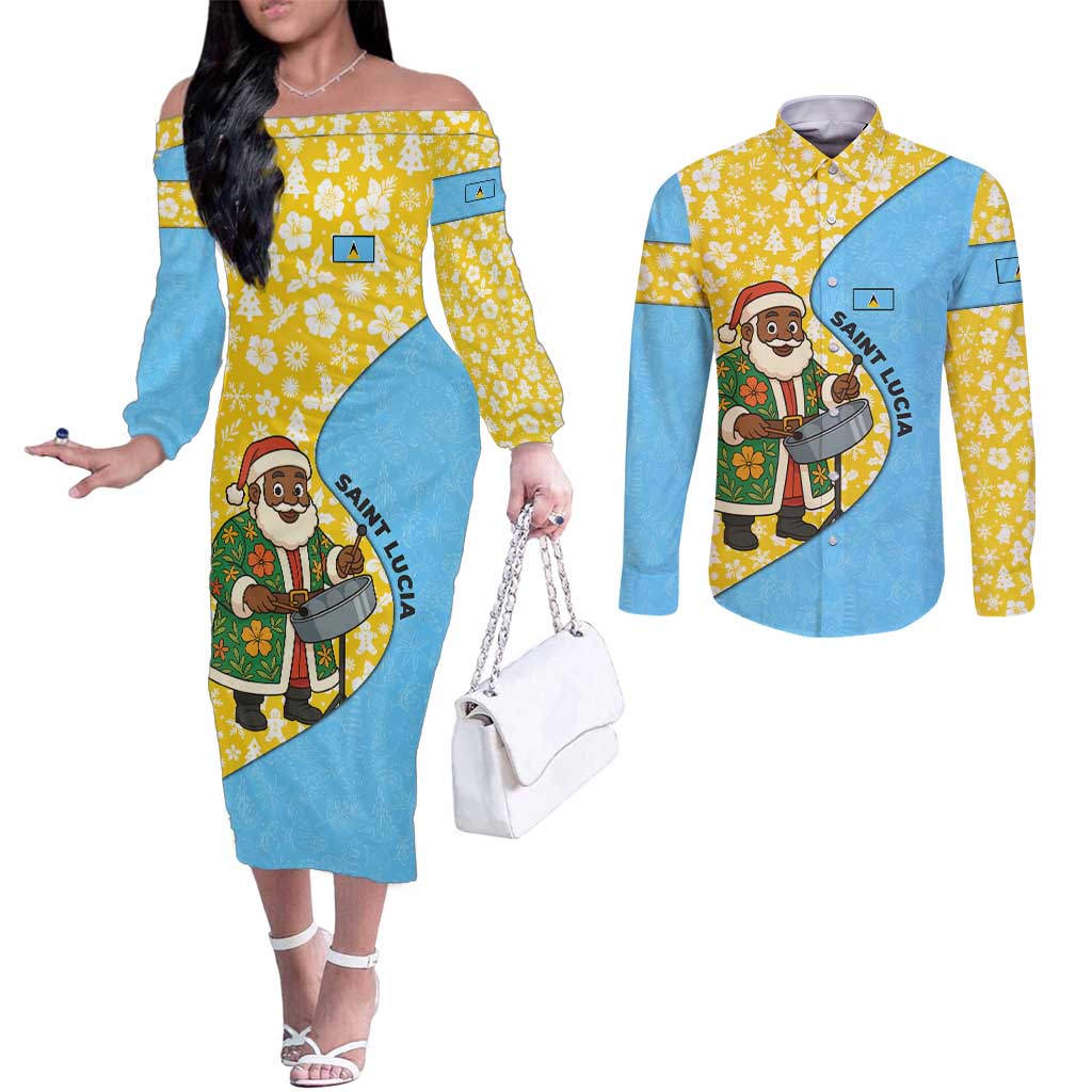 Saint Lucia Christmas Couples Matching Off The Shoulder Long Sleeve Dress and Long Sleeve Button Shirt with Steelpan Santa Floral Pattern and Flag - Wonder Print Shop