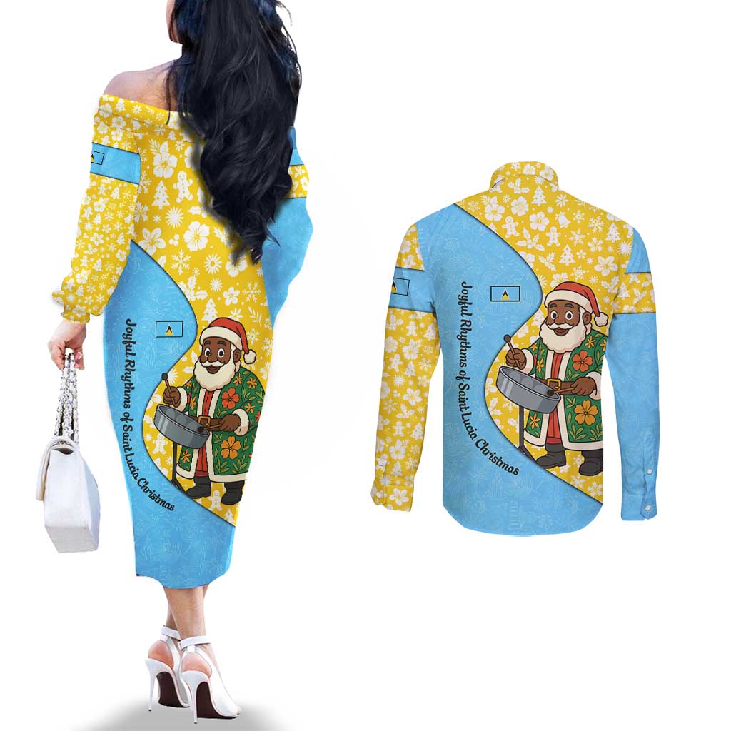 Saint Lucia Christmas Couples Matching Off The Shoulder Long Sleeve Dress and Long Sleeve Button Shirt with Steelpan Santa Floral Pattern and Flag - Wonder Print Shop