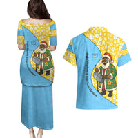 Saint Lucia Christmas Couples Matching Puletasi and Hawaiian Shirt with Steelpan Santa Floral Pattern and Flag - Wonder Print Shop