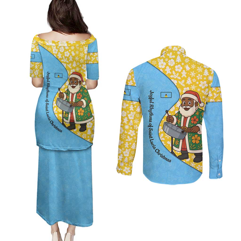 Saint Lucia Christmas Couples Matching Puletasi and Long Sleeve Button Shirt with Steelpan Santa Floral Pattern and Flag - Wonder Print Shop