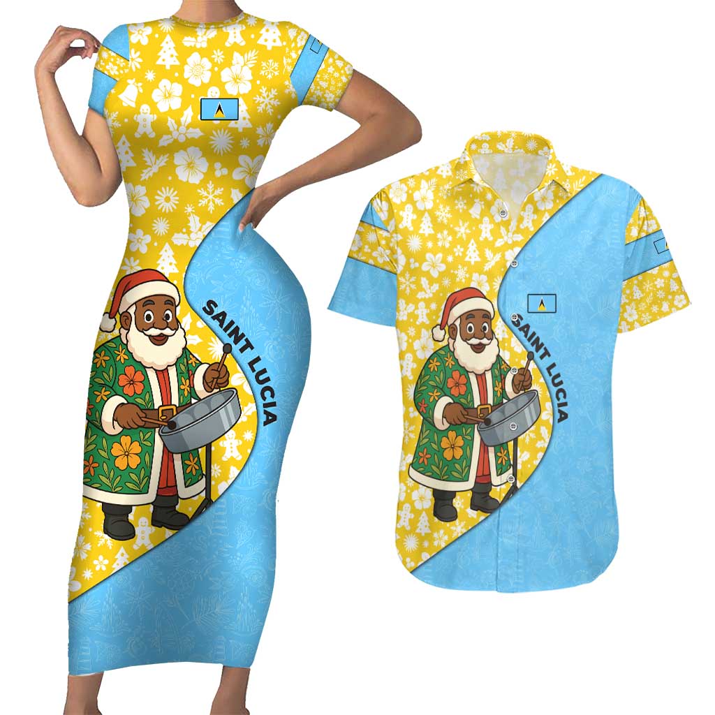 Saint Lucia Christmas Couples Matching Short Sleeve Bodycon Dress and Hawaiian Shirt with Steelpan Santa Floral Pattern and Flag - Wonder Print Shop