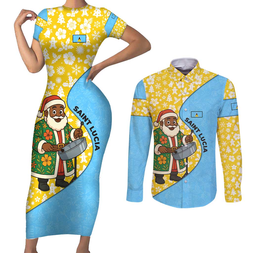 Saint Lucia Christmas Couples Matching Short Sleeve Bodycon Dress and Long Sleeve Button Shirt with Steelpan Santa Floral Pattern and Flag - Wonder Print Shop