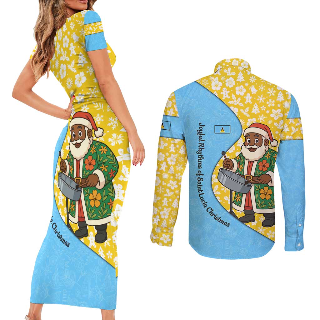 Saint Lucia Christmas Couples Matching Short Sleeve Bodycon Dress and Long Sleeve Button Shirt with Steelpan Santa Floral Pattern and Flag - Wonder Print Shop