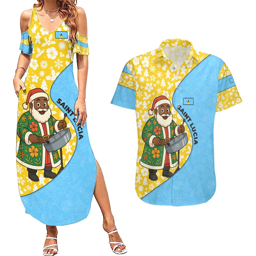 Saint Lucia Christmas Couples Matching Summer Maxi Dress and Hawaiian Shirt with Steelpan Santa Floral Pattern and Flag - Wonder Print Shop